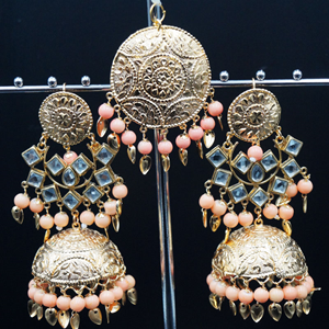 Ivaan -White Kundan/ Peach Beads Earring Tikka Set - Gold